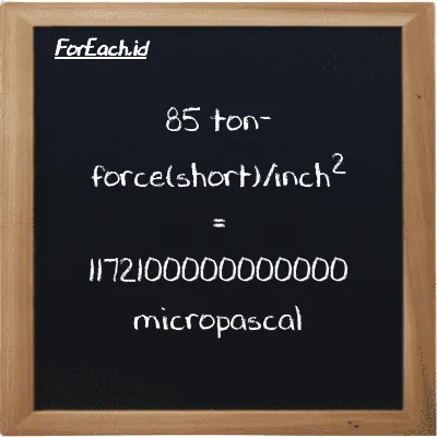 How to convert ton-force(short)/inch<sup>2</sup> to micropascal: 85 ton-force(short)/inch<sup>2</sup> (tf/in<sup>2</sup>) is equivalent to 85 times 13790000000000 micropascal (µPa)